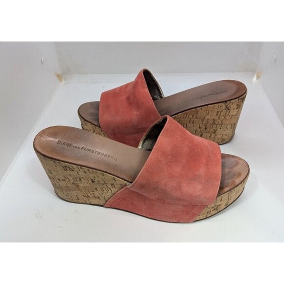 DIANE VON FURSTENBERG Women's Wooden Wedge Heels Suede Cork Slide Size 8M - Picture 1 of 10